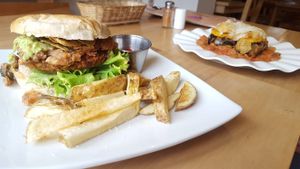 Burger and mousakka at Caballete & Berenjena in Magdalena