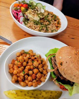 Portobello burger veganized and vegan farro bowl with tofu at Frenchtown Cafe in Frenchtown