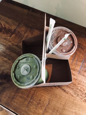 Mega Green PB smoothie and Chocolate Peanut Butter Recovery smoothie at Ola Juice Bar in Colorado Springs