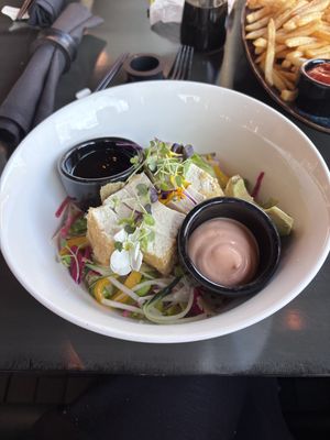 Tofu Bowl with sauces on the sidee  at Fat Belly in Sister Bay