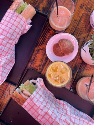 Vegan sandwiches, Espresso Freddo (comes with a bottle of water on the Side), Fresh juice  at ANEMONE in Himare