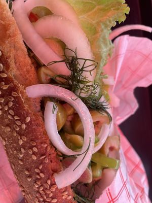 Vegan Sandwich (lettuce, tomato, cucumber, onion, Pepper, olives, Dill infused oil)  at ANEMONE in Himare