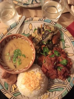 Dahl , Samosa , veggie curry , eggplant and rice pictured at Orient Experience in Venice