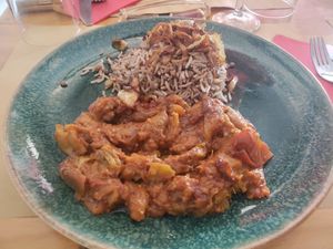 Eggplant stew with lentil caramelized onion rice at Orient Experience in Venice