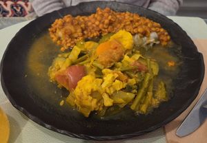 Vegetable ravioli and curry vegetables at Orient Experience in Venice
