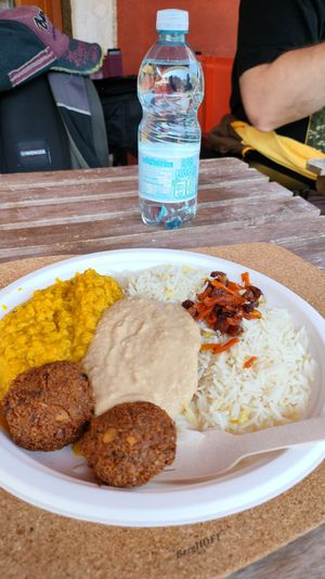Lentils, falafels and hummus with rice and something red. at Orient Experience in Venice