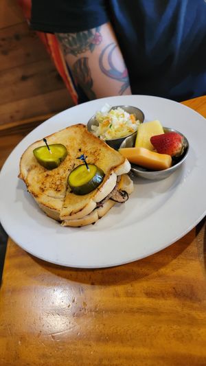 I believe this was one of the melts, not sure which one. with side of fruit and coleslaw (coleslaw was a super interesting but amazing flavor) at 9th Island in Haleiwa