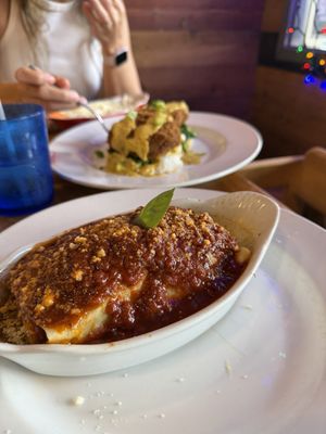 Lasagna roll and jackfruit crab cakes  at 9th Island in Haleiwa
