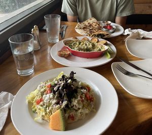 Quesadillas, spinach and artichoke dip, oyster mushroom gyro  at 9th Island Vegan in Haleiwa