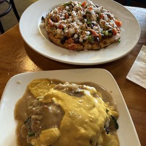 top is mediterranean pizza and the bottom is mocko loko   at 9th Island Vegan in Haleiwa