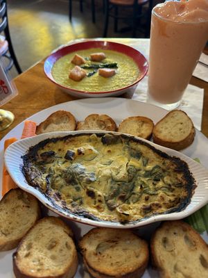 the asparagus soup special, tropical smoothie, and artichoke spinach dip  at 9th Island Vegan in Haleiwa