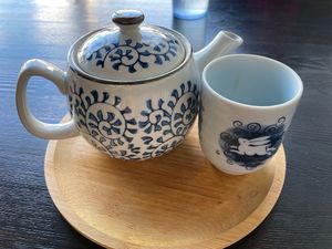 Green tea was served in this cute set at Asiatique Eatery in Ventura