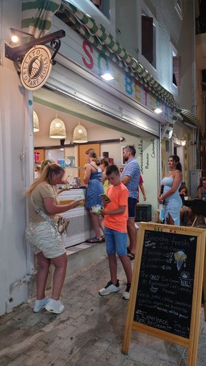 Entrance - always full at Gelato Art Rolls in Karpathos