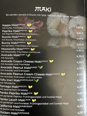 Maki menu (vegan options with a green leave).  at Funa Sushi - Weissensee - Takeaway & Delivery in Berlin