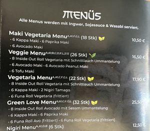 Menus (vegan options with a green leave).  at Funa Sushi - Weissensee - Takeaway & Delivery in Berlin