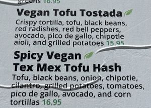 Vegan tofu tostada and tofu hash on menu  at Blu Jam Cafe in Sherman Oaks