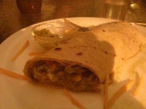 vegan wrap w/sauteed veggies, guacamole, pesto at El Manso Boutique Hostel Restaurant in Guayaquil
