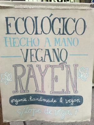 Sign for restaurant  at Rayen Vegano in Madrid