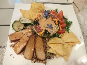 stuffed avocado with quinoa and nachos at Rayen Vegano in Madrid