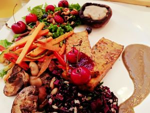 Tempeh, berries and mushrooms at Rayen Vegano in Madrid