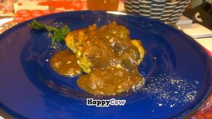 Tofu balls! Main course of set lunch menu at Rayen Vegano in Madrid