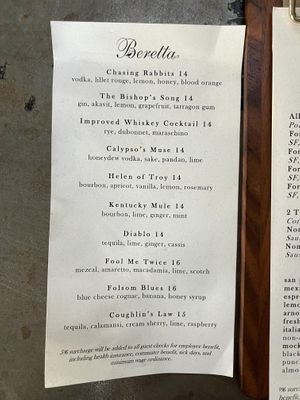 Cocktail menu at Beretta in San Francisco