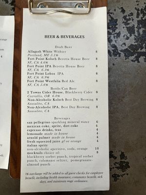 Beer & beverages menu at Beretta in San Francisco