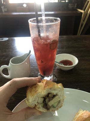 Watermelon “special” juice and the banh mi pate cha sandwich. Totally forgot to take a picture at the beginning, was too excited to take a picture 😅  at Bep Chay Nha An Vegetarian Bistro in Phu Quoc