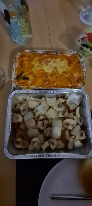 Roma lasagna and schnitzel with 🍄and 🧅 at Veggie House in Frankfurt