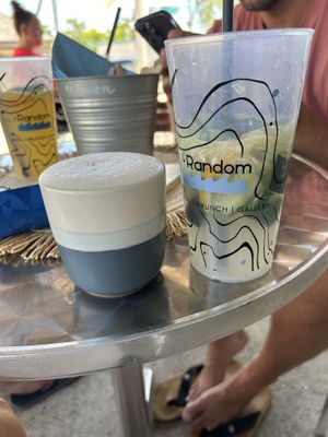 Latte macchiato and cucumber lemonadee  at Random Bagel Bar in Orvenyes