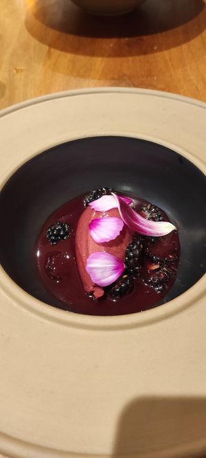 Blackberry sorbet & coulis + 🌺 at Auberge Des Aryelets in Aulon