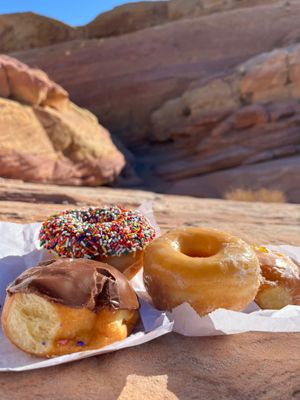 Boston creme (very reminiscent of the chocolate square crème patissier filled viennoiserie), chocolate (no skimping on the) sprinkles, glazed classic and a lemon filled donut at Ronald's Donuts in Las Vegas