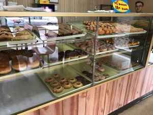 1 of the 2 cases of donuts. Top 2 rows are vegan.  at Ronald's Donuts in Las Vegas