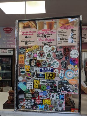 Counter and coffee options at Ronald's Donuts in Las Vegas