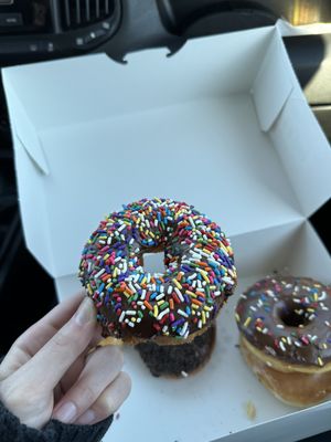veg chocolate frosting w rainbow sprinkles   at Ronald's Donuts in Las Vegas