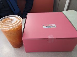 Vegan Thai tea and box of deliciousness at Ronald's Donuts in Las Vegas