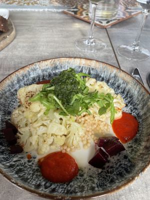Cauliflower carpaccio & beetroot pearly couscous   at Wineport Lodge in Glasson