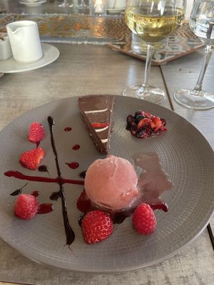Chocolate tarte with raspberry sorbet   at Wineport Lodge in Glasson