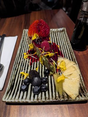 Matcha cheesecake with berry compote for dessert. at Tane Vegan Izakaya in Palo Alto