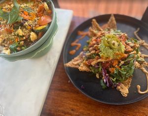 Mandala Poi Curry and Mandala nachos at Mandala Living Foods Cafe in Anahola