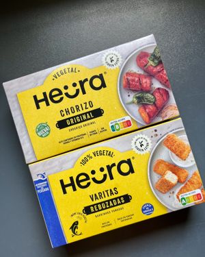 I bought two Heura products at a discount in La Sirena — "fish" sticks and chorizo "sausages", both are delicious at La Sirena in Premia De Mar