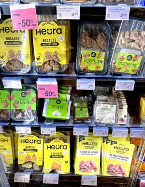 Several types of Heura "meats", mock "meats" by Ametller Origen, two types of tofu and one seitan at Ametller Origen in Premia De Mar