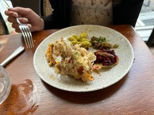 Chiken and waffles, pasta, corn ribs, beat root   at Duck & Waffle  in London