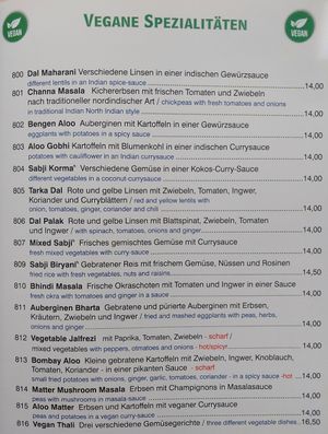 Vegan menu at Chandani Chowk in Munich