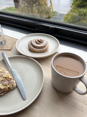Cinnamon bun, almond pastry, and many other pastries and coffee/tea options, all vegan! Such a major lack of plant-based cafés and breakfast spots anywhere east of Quebec.   at Bramble Cafe in Halifax