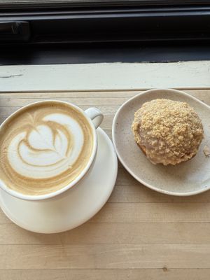 Pumpkin spice latte and peach cobbler donut   at Bramble Cafe in Halifax