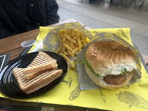 Vegan burger, vegan cheese toastie and fries with vegan mayo    at Fari's in Ljubljana