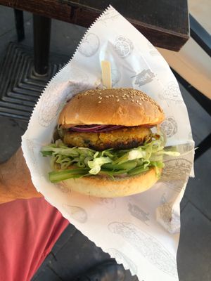 An untouched chickpea burger at Prikolica in Cerovac Vukmanicki