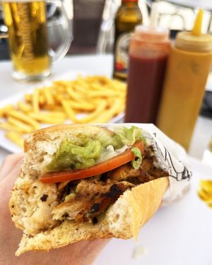 The insides of a Mediterranean sandwich at John's Grobe in Premia De Mar