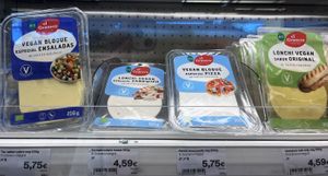 The part of vegan cheeses in Veritas at Veritas in Premia De Mar